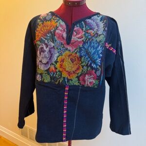 Vintage Authentic Guatemalan Indigo Cotton Top with Embroidered Yoke